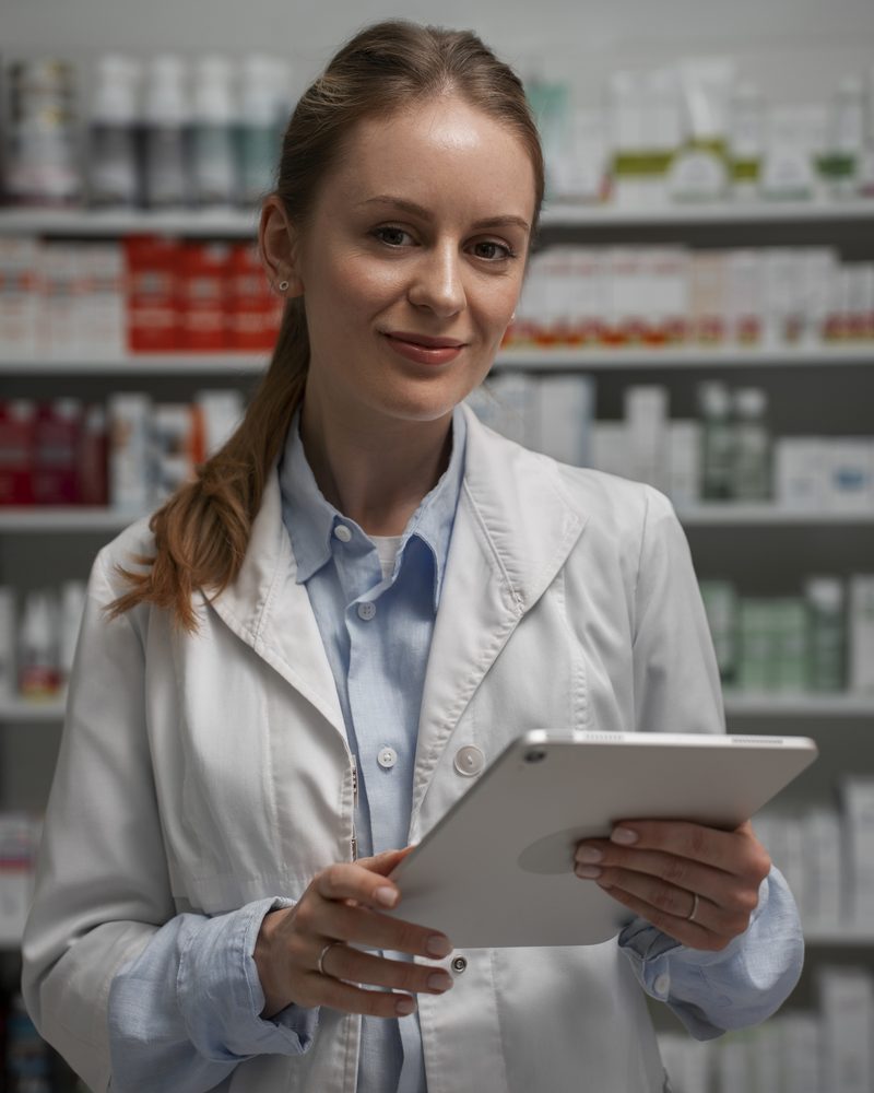 Farmaceutka z tabletem w aptece na tle regałów z lekami