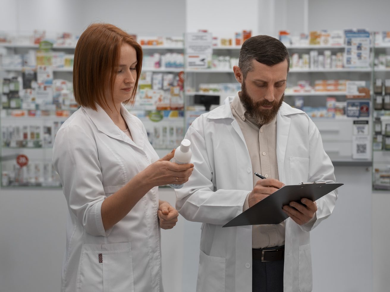 Farmaceutka i farmaceuta sprawdzają leki i notują na podkładce